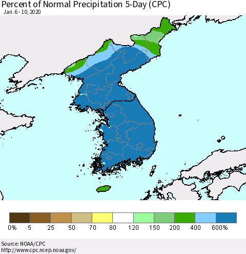 Korea Percent of Normal Precipitation 5-Day (CPC) Thematic Map For 1/6/2020 - 1/10/2020