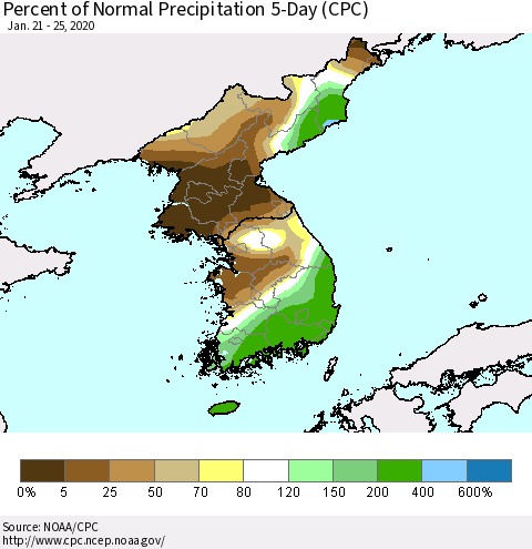 Korea Percent of Normal Precipitation 5-Day (CPC) Thematic Map For 1/21/2020 - 1/25/2020