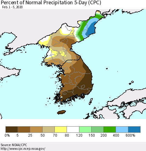 Korea Percent of Normal Precipitation 5-Day (CPC) Thematic Map For 2/1/2020 - 2/5/2020