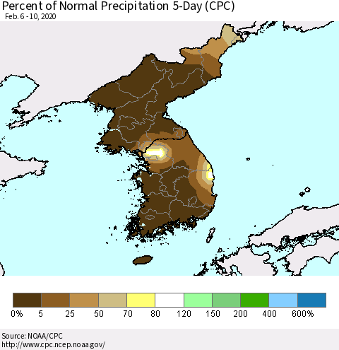 Korea Percent of Normal Precipitation 5-Day (CPC) Thematic Map For 2/6/2020 - 2/10/2020