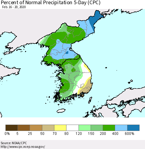 Korea Percent of Normal Precipitation 5-Day (CPC) Thematic Map For 2/16/2020 - 2/20/2020
