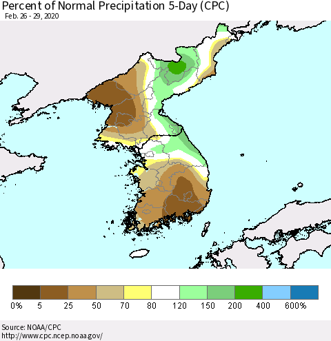 Korea Percent of Normal Precipitation 5-Day (CPC) Thematic Map For 2/26/2020 - 2/29/2020
