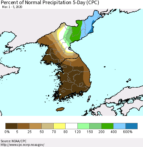 Korea Percent of Normal Precipitation 5-Day (CPC) Thematic Map For 3/1/2020 - 3/5/2020