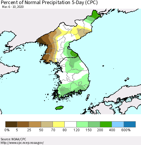Korea Percent of Normal Precipitation 5-Day (CPC) Thematic Map For 3/6/2020 - 3/10/2020