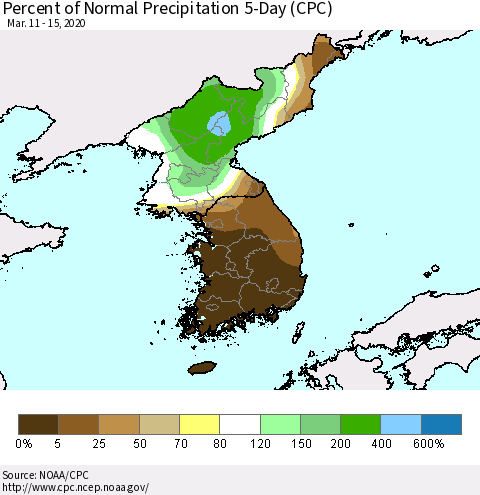 Korea Percent of Normal Precipitation 5-Day (CPC) Thematic Map For 3/11/2020 - 3/15/2020