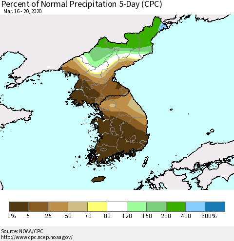 Korea Percent of Normal Precipitation 5-Day (CPC) Thematic Map For 3/16/2020 - 3/20/2020