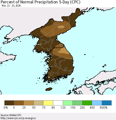 Korea Percent of Normal Precipitation 5-Day (CPC) Thematic Map For 3/21/2020 - 3/25/2020