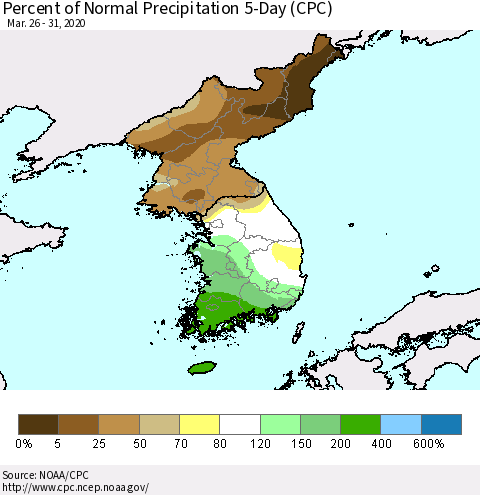 Korea Percent of Normal Precipitation 5-Day (CPC) Thematic Map For 3/26/2020 - 3/31/2020