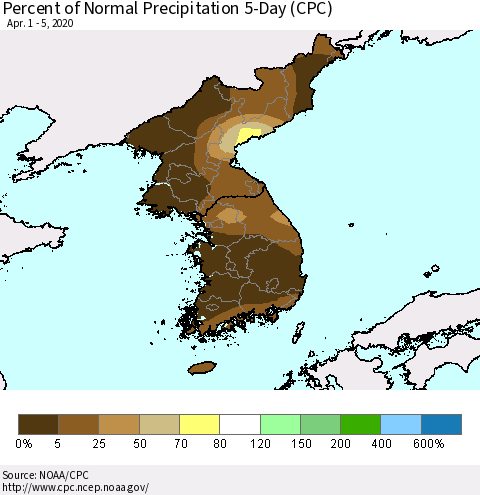 Korea Percent of Normal Precipitation 5-Day (CPC) Thematic Map For 4/1/2020 - 4/5/2020