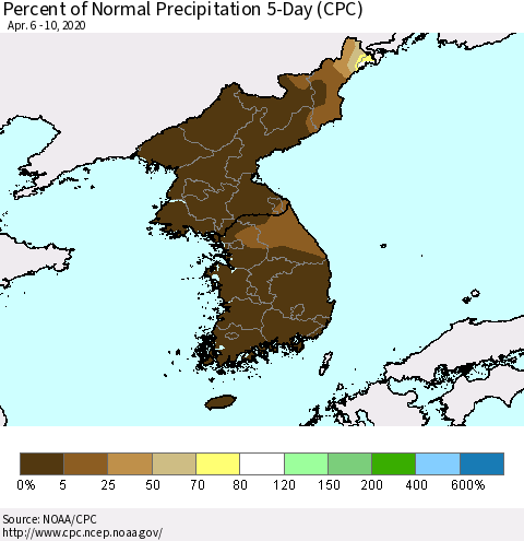 Korea Percent of Normal Precipitation 5-Day (CPC) Thematic Map For 4/6/2020 - 4/10/2020