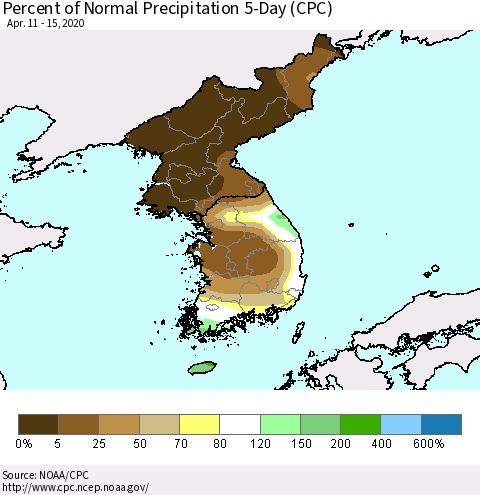 Korea Percent of Normal Precipitation 5-Day (CPC) Thematic Map For 4/11/2020 - 4/15/2020