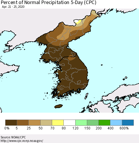 Korea Percent of Normal Precipitation 5-Day (CPC) Thematic Map For 4/21/2020 - 4/25/2020