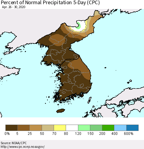 Korea Percent of Normal Precipitation 5-Day (CPC) Thematic Map For 4/26/2020 - 4/30/2020