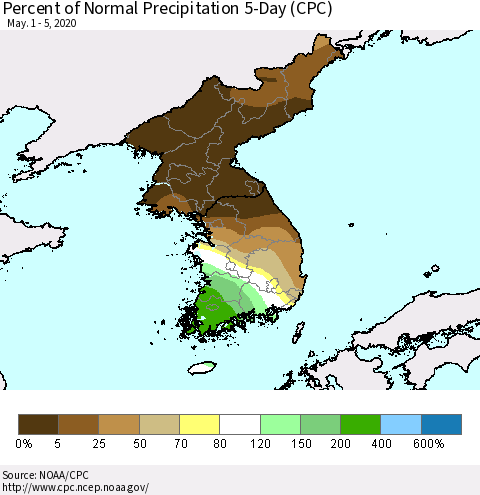 Korea Percent of Normal Precipitation 5-Day (CPC) Thematic Map For 5/1/2020 - 5/5/2020