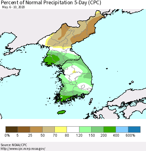 Korea Percent of Normal Precipitation 5-Day (CPC) Thematic Map For 5/6/2020 - 5/10/2020