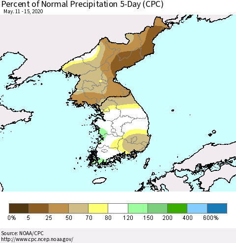Korea Percent of Normal Precipitation 5-Day (CPC) Thematic Map For 5/11/2020 - 5/15/2020
