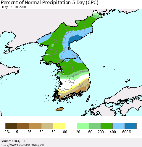 Korea Percent of Normal Precipitation 5-Day (CPC) Thematic Map For 5/16/2020 - 5/20/2020