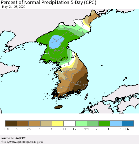 Korea Percent of Normal Precipitation 5-Day (CPC) Thematic Map For 5/21/2020 - 5/25/2020