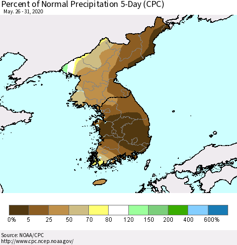 Korea Percent of Normal Precipitation 5-Day (CPC) Thematic Map For 5/26/2020 - 5/31/2020