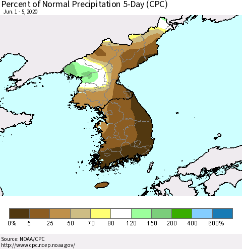 Korea Percent of Normal Precipitation 5-Day (CPC) Thematic Map For 6/1/2020 - 6/5/2020