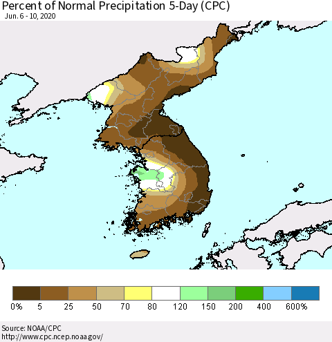 Korea Percent of Normal Precipitation 5-Day (CPC) Thematic Map For 6/6/2020 - 6/10/2020