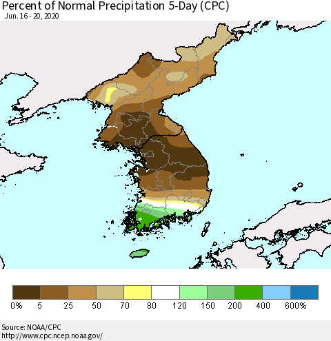Korea Percent of Normal Precipitation 5-Day (CPC) Thematic Map For 6/16/2020 - 6/20/2020
