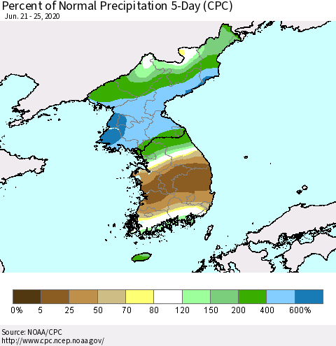Korea Percent of Normal Precipitation 5-Day (CPC) Thematic Map For 6/21/2020 - 6/25/2020