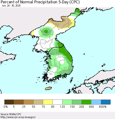 Korea Percent of Normal Precipitation 5-Day (CPC) Thematic Map For 6/26/2020 - 6/30/2020