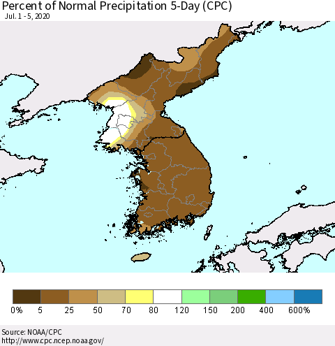 Korea Percent of Normal Precipitation 5-Day (CPC) Thematic Map For 7/1/2020 - 7/5/2020