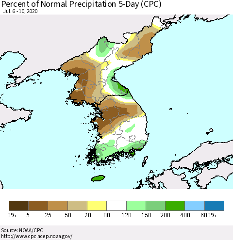 Korea Percent of Normal Precipitation 5-Day (CPC) Thematic Map For 7/6/2020 - 7/10/2020