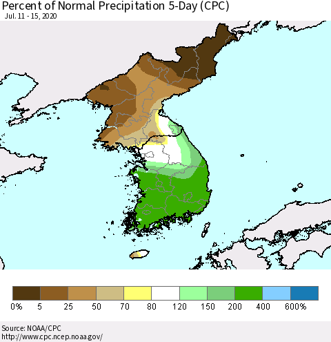 Korea Percent of Normal Precipitation 5-Day (CPC) Thematic Map For 7/11/2020 - 7/15/2020