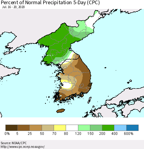 Korea Percent of Normal Precipitation 5-Day (CPC) Thematic Map For 7/16/2020 - 7/20/2020