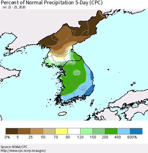 Korea Percent of Normal Precipitation 5-Day (CPC) Thematic Map For 7/21/2020 - 7/25/2020