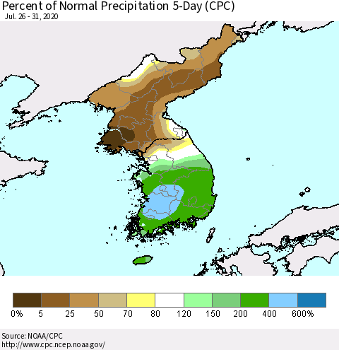 Korea Percent of Normal Precipitation 5-Day (CPC) Thematic Map For 7/26/2020 - 7/31/2020
