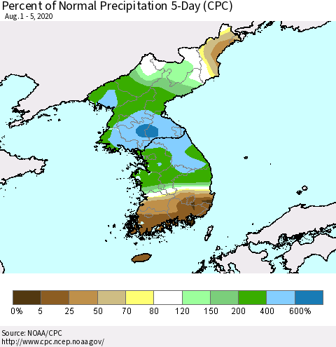 Korea Percent of Normal Precipitation 5-Day (CPC) Thematic Map For 8/1/2020 - 8/5/2020