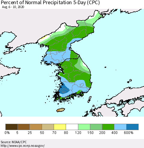 Korea Percent of Normal Precipitation 5-Day (CPC) Thematic Map For 8/6/2020 - 8/10/2020