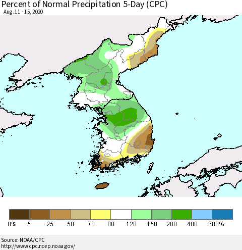 Korea Percent of Normal Precipitation 5-Day (CPC) Thematic Map For 8/11/2020 - 8/15/2020