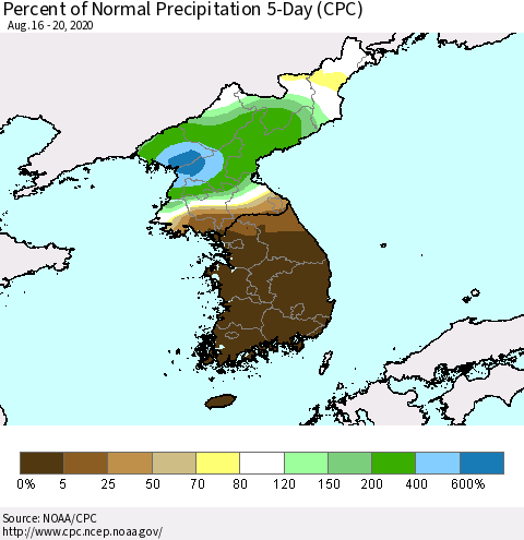 Korea Percent of Normal Precipitation 5-Day (CPC) Thematic Map For 8/16/2020 - 8/20/2020