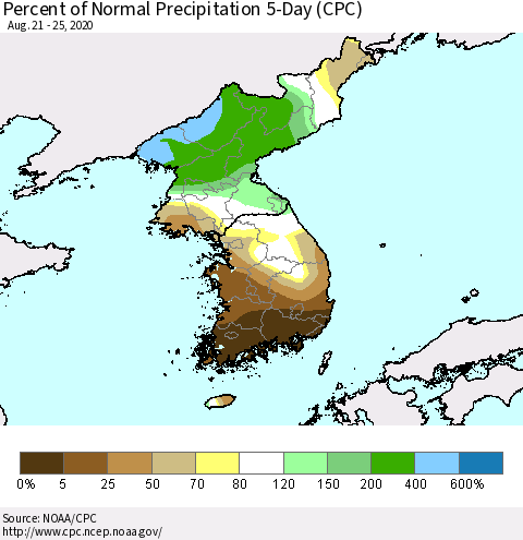 Korea Percent of Normal Precipitation 5-Day (CPC) Thematic Map For 8/21/2020 - 8/25/2020