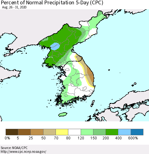 Korea Percent of Normal Precipitation 5-Day (CPC) Thematic Map For 8/26/2020 - 8/31/2020