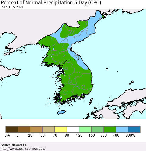 Korea Percent of Normal Precipitation 5-Day (CPC) Thematic Map For 9/1/2020 - 9/5/2020