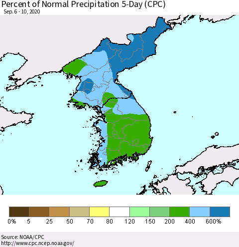 Korea Percent of Normal Precipitation 5-Day (CPC) Thematic Map For 9/6/2020 - 9/10/2020