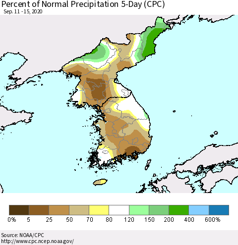 Korea Percent of Normal Precipitation 5-Day (CPC) Thematic Map For 9/11/2020 - 9/15/2020