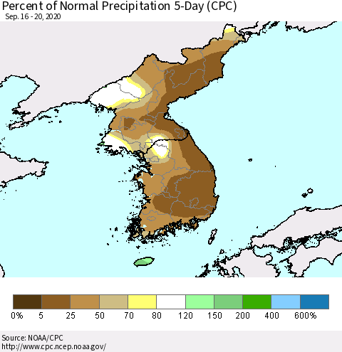 Korea Percent of Normal Precipitation 5-Day (CPC) Thematic Map For 9/16/2020 - 9/20/2020