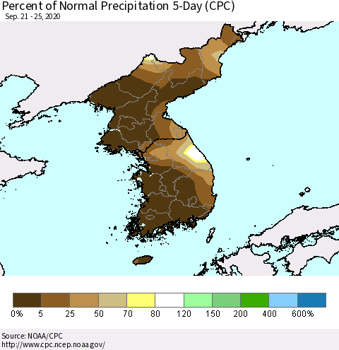 Korea Percent of Normal Precipitation 5-Day (CPC) Thematic Map For 9/21/2020 - 9/25/2020