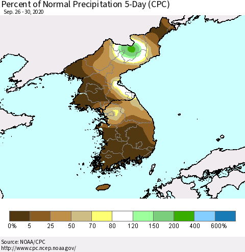 Korea Percent of Normal Precipitation 5-Day (CPC) Thematic Map For 9/26/2020 - 9/30/2020