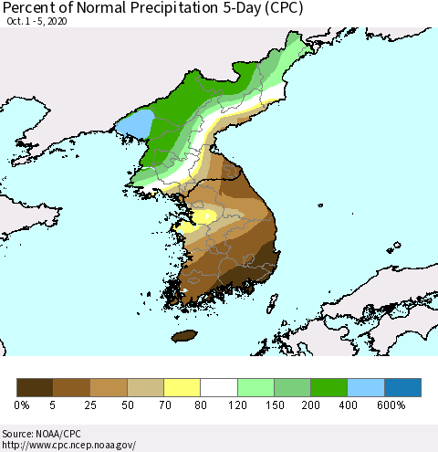 Korea Percent of Normal Precipitation 5-Day (CPC) Thematic Map For 10/1/2020 - 10/5/2020