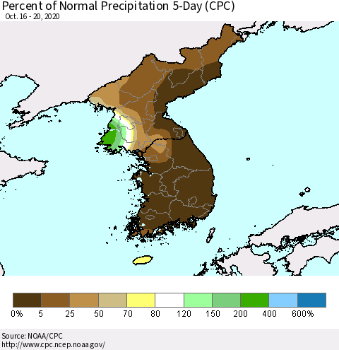 Korea Percent of Normal Precipitation 5-Day (CPC) Thematic Map For 10/16/2020 - 10/20/2020