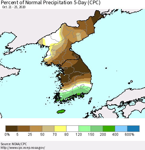 Korea Percent of Normal Precipitation 5-Day (CPC) Thematic Map For 10/21/2020 - 10/25/2020