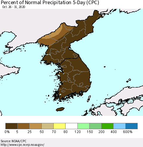 Korea Percent of Normal Precipitation 5-Day (CPC) Thematic Map For 10/26/2020 - 10/31/2020